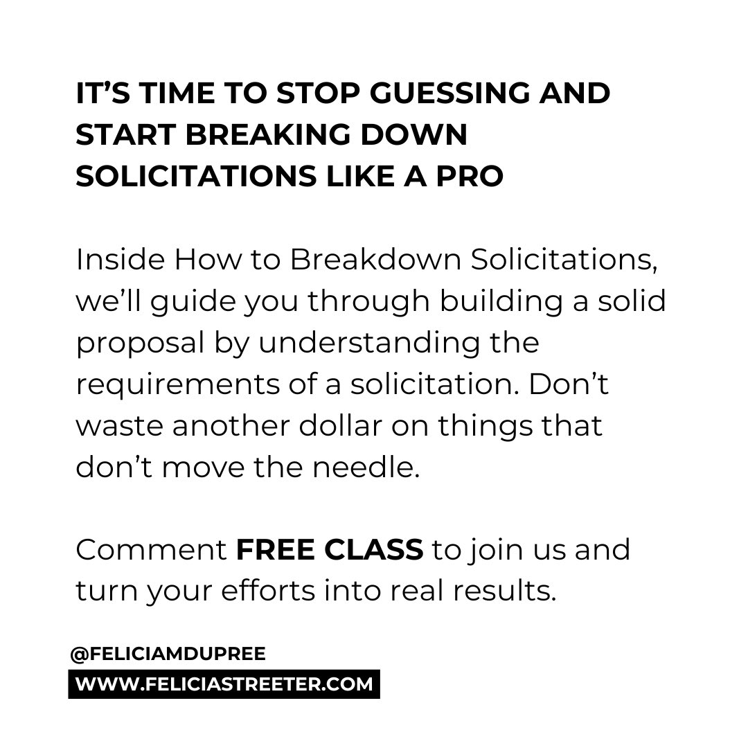 FeliciaMDupree's tweet photo. If you want to learn how to overcome the factors often overlooked in solicitations, https://t.co/izP5NMIYjS
#proposaltips #governmentcontractor #governmentcontracting #contractingtips #smallbusinessowner #entrepreneurship #letstalkaboutit https://t.co/L2Kt5Z5bVa