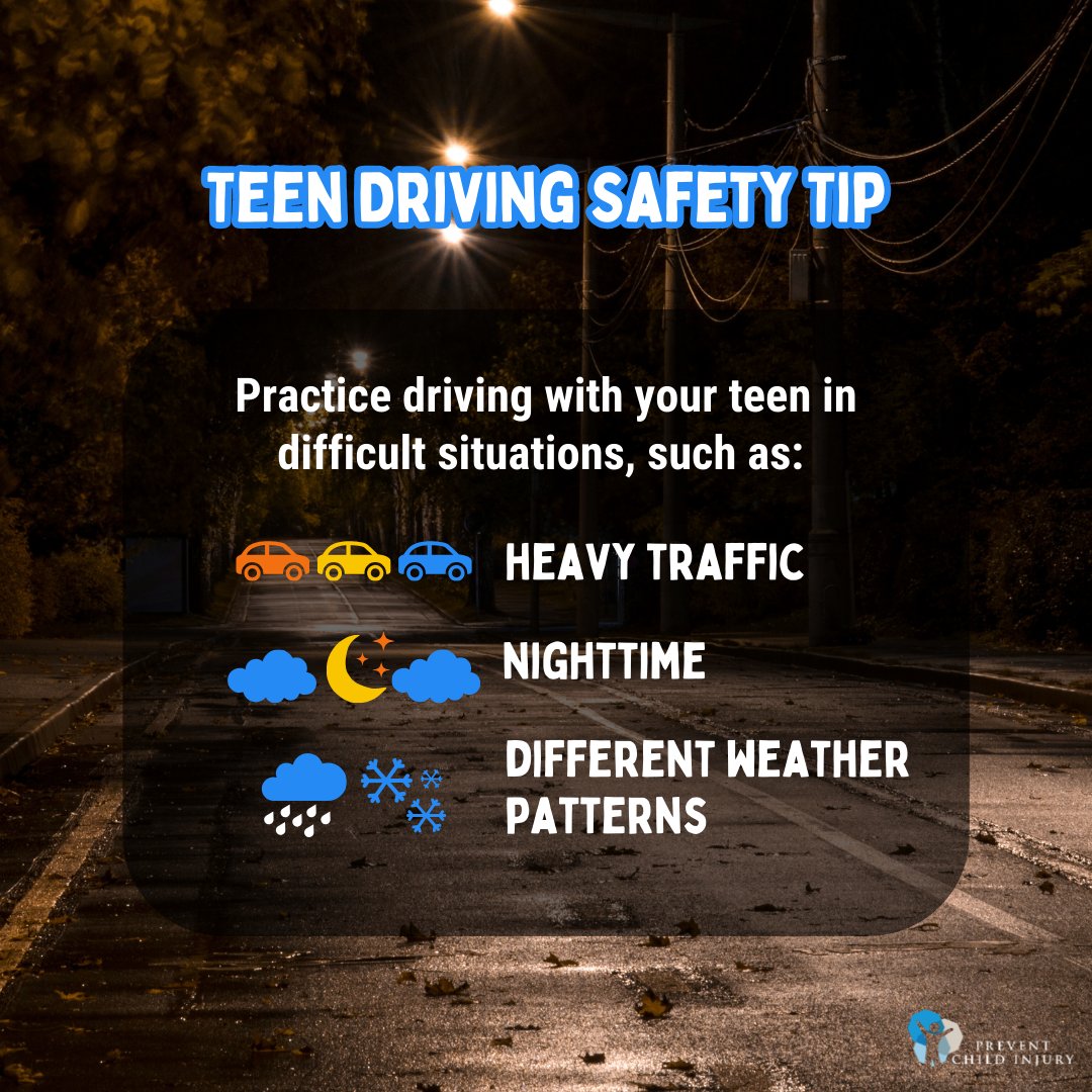 PreventChildInj's tweet photo. A8: Practice makes perfect! Set teens up for success by practicing driving in difficult situations before they’re on their own.

Practice with your teen:
🚦 In heavy traffic
🌃 At nighttime
⛈️ In different weather conditions (rain, snow, etc.)
#RulesForTheRoad https://t.co/64XwRcT5lF