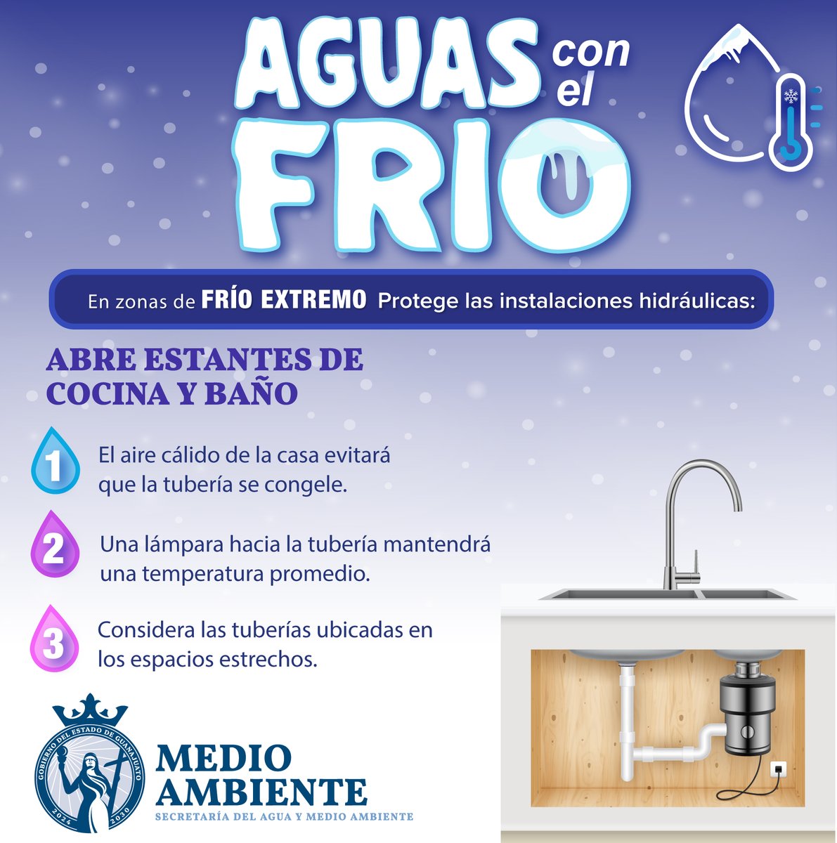 Abrir estantes de cocina y baño es una medida simple pero efectiva para mantener la tubería del interior del baño y la cocina a una temperatura promedio y proteger las tuberías del frío. ❄️👇