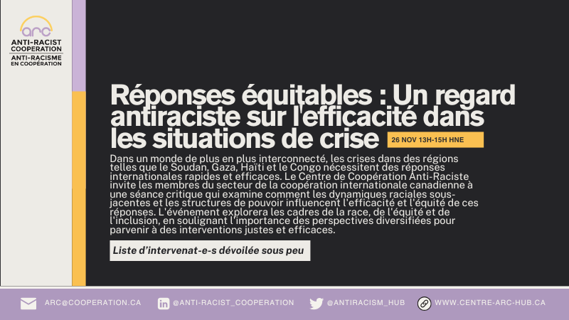 Rejoignez-nous pour une discussion qui explorera les cadres de la race, de l'équité et de l'inclusion, en soulignant l'importance des perspectives diversifiées pour parvenir à des interventions justes et efficaces en situation de crise!

Inscrivez-vous: centre-arc-hub.ca/fr/event/repon…