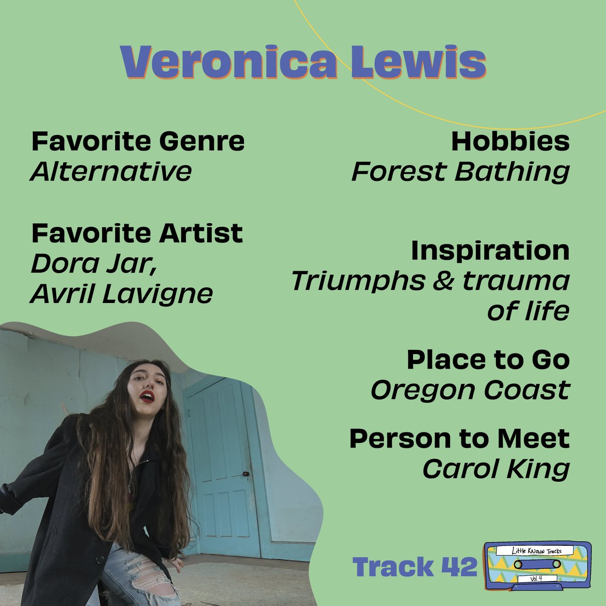 Meet <a href="/imVeronicaLewis/">Veronica Lewis</a> Lewis Inspired by nature and the realities of growing up, her recent album “Too Late for Tears,” explores her personal journey through a new style of music. 

Check out this week’s episode of Little Known Tracks, available now on all streaming platforms!