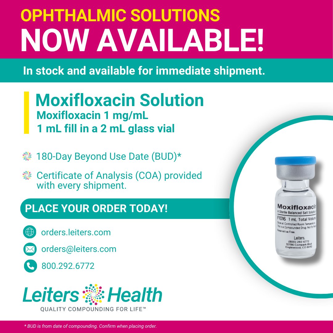 Leiters's tweet photo. We’re excited to share that Leiters Health has 𝙈𝙤𝙭𝙞𝙛𝙡𝙤𝙭𝙖𝙘𝙞𝙣 𝙑𝙞𝙖𝙡𝙨 in stock and ready to ship immediately from our FDA-registered hashtag#503B facility. Secure your supply now! Visit https://t.co/5l7dZOFbD8 to learn more. https://t.co/TVOSMuRp2K