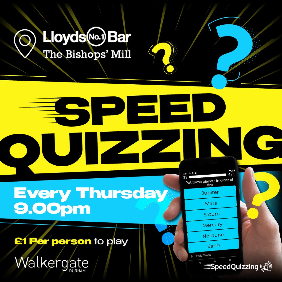 EnjoyWalkergate's tweet image. Put your knowledge to the test and head to The #BishopsMill, Walkergate, for a lightning-fast, brain-teasing game of #SpeedQuizzing every Thursday from 9pm! ⏱️ It&apos;s only £1pp to play.

👉🏾 ow.ly/zlWV50Ti3Pp
#Durham #Walkergate
