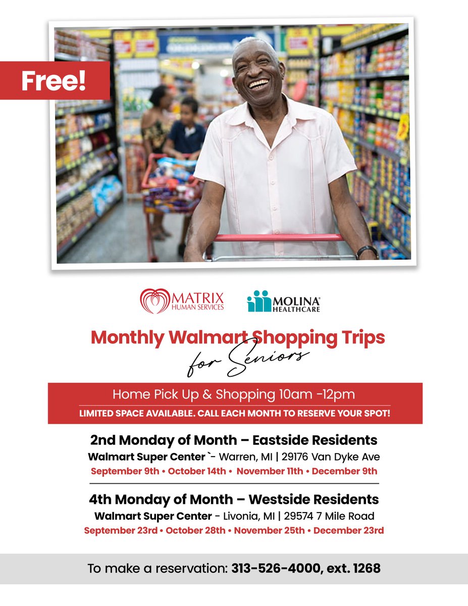 semisrc's tweet photo. Matrix Health Services and Molina Healthcare are offering local seniors rides to Walmart each month! Call the number on the flyer to make your reservation and for more info!
#seniors #olderadults #seniorshopping #matrixhealthservices #molinahealthcare https://t.co/8vRj4OLH39