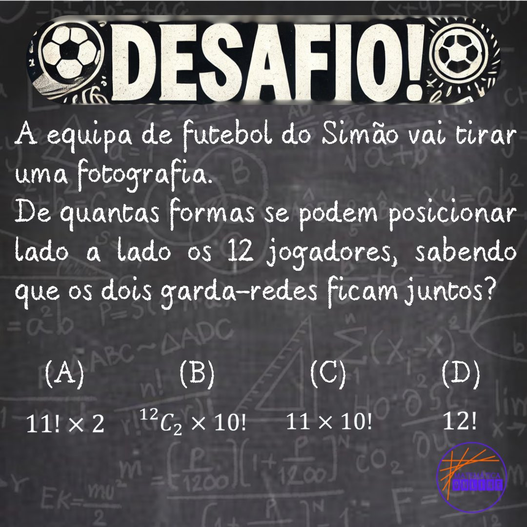 matematiconline's tweet image. 🧩 Desafio de Matemática! ✏️

Quem consegue resolver a solução⁉️ 🤔💭 vamos lá! Quem quer experimentar e arriscar?

⚠️ Responda nos comentários a sua resposta (A, B, C ou D)!

#Matemática #combinatoria  #DesafioMatemático #RaciocínioLógico #Aprendizado #Seguidores #nunorosario