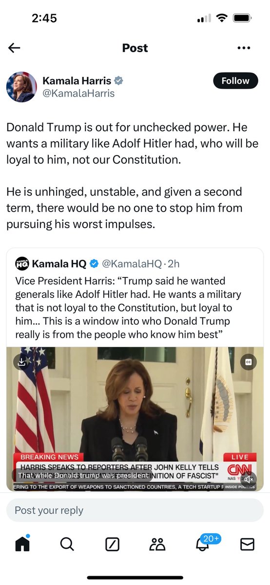 ClayTravis's tweet photo. Kamala is now directly comparing Trump to Hitler. The panic is real. Keep voting, she’s getting smoked. https://t.co/nQzfDVHkme