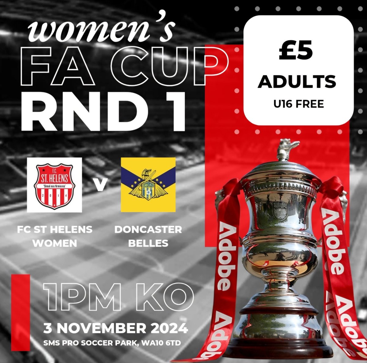 Less than 2 weeks till our huge <a href="/fcsthelenswomen/">FC St Helens Women</a> FA Cup game against the 6 time winners Doncaster Belles 🔥 

You won't want to miss this one !!

Food &amp; Drink 🍻
Man U v Chelsea 📺
Replica FA Cup on site 📸

Tickets just £5, U16 FREE 👇
tickxts.com/events/gJxchYv…

#UpTheStripes 🔴⚪️