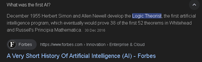 knight_owl49's tweet photo. "December 1955 Herbert Simon and Allen Newell develop the Logic Theorist, the first artificial intelligence program, which eventually would prove 38 of the first 52 theorems in Whitehead and Russell's Principia Mathematica."

$firstai

7jtXTUkCPhaWj6sfG8UQjAfCyFqhZHmPSD8yjpACpump https://t.co/0BCxX5nr3H