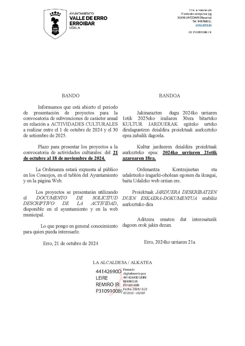 HaizeMorea's tweet photo. 📢 📰🏫
INFORMACIÓN de tu Ayuntamiento ‼️
Zure udalaren INFORMAZIOA ‼️
🚨 BANDO/BANDOA 🚨

Kultur jardueretarako dirulaguntza deialdia 24-25
-‐-----‐-------------------------------------
Convocatoria subvención actividades culturales 24-25 https://t.co/z5FzdDizD2