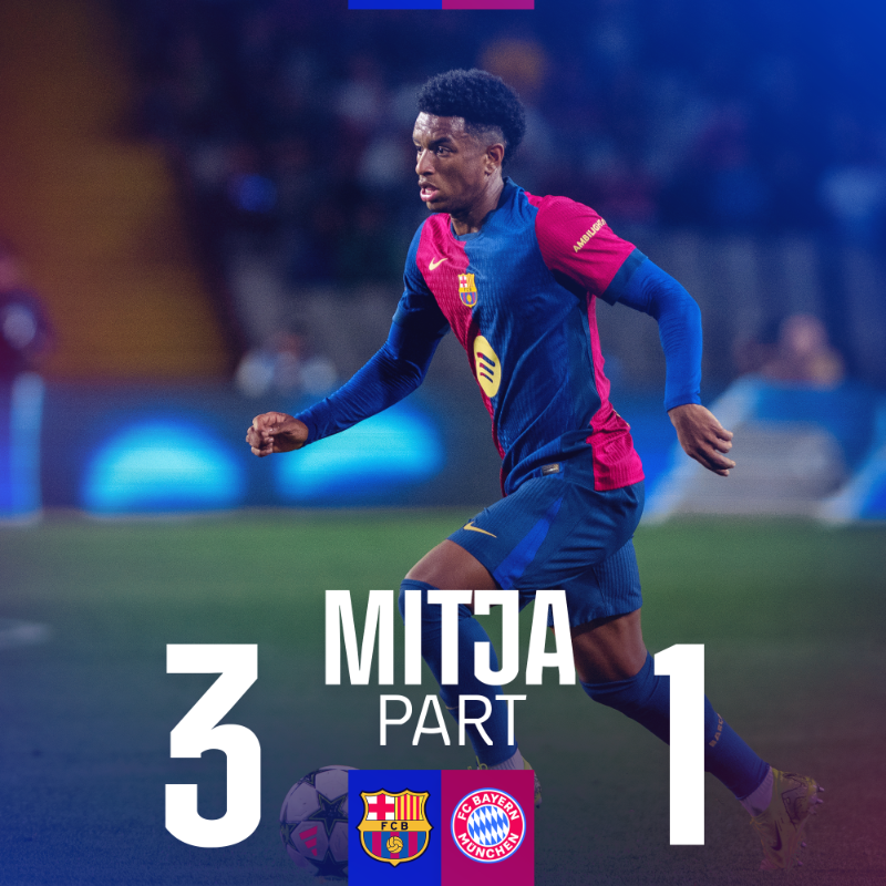 FCBarcelona's tweet photo. ⏰ HALFTIME

3️⃣ Barça (Raphinha 1', 45' | Lewandowski 36')
1️⃣ Bayern Munich (H. Kane 18')

#BarçaBayern
@ChampionsLeague