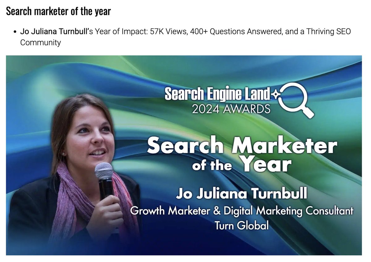 J Turnbull 🇺🇦 (@seojoblogs) on Twitter photo I'm honored and grateful to have won Search Marketer of the Year 2024!
Thank you <a href="/MrDannyGoodwin/">Danny Goodwin</a> & the judges for their time.
I've never won an award or competition before.
Thank you to <a href="/MichaelChidzey/">Michael Chidzey</a> for nominating me.
Congratulations to the winners!
searchengineland.com/search-engine-… I'm honored and grateful to have won Search Marketer of the Year 2024!
Thank you <a href="/MrDannyGoodwin/">Danny Goodwin</a> & the judges for their time.
I've never won an award or competition before.
Thank you to <a href="/MichaelChidzey/">Michael Chidzey</a> for nominating me.
Congratulations to the winners!
searchengineland.com/search-engine-…