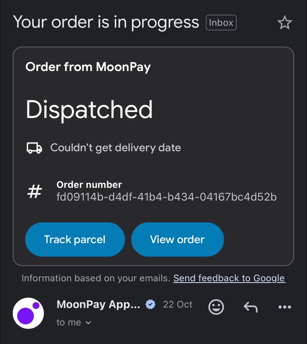 moonpay's tweet photo. Ordered SOL. 

Google sent tracking info for a package. 

We’re still early. https://t.co/tlT0kJjla3