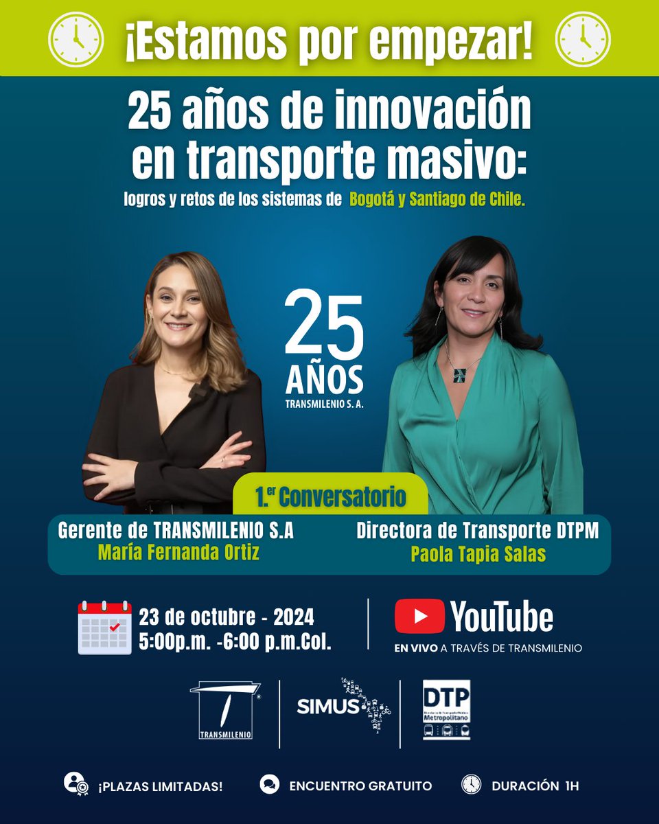 🚨 ¡Estamos por empezar! 🚨
1er Conversatorio TMSA y DTPM: 25 años de Innovación en Transporte Masivo 
Con la participación de: María Fernanda Ortiz Carrascal, Gerente General de TransMilenio
Paola Tapia Salas, Directora de Transporte Público Metropolitano (DTPM) de Santiago