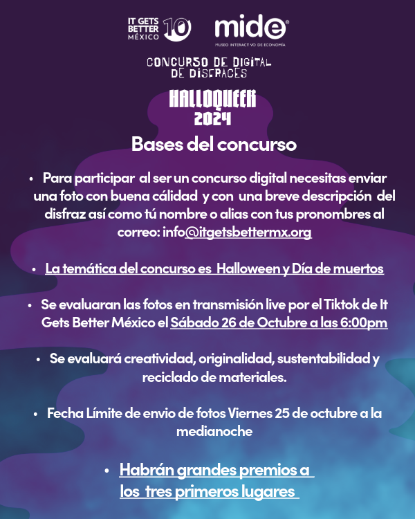 MuseoMIDE's tweet photo. Queremos que formes parte de un concurso súper especial en el que el MIDE participará como jurado por ser parte de los #CreadoresDelMañana. 😎✅
Lee las bases y forma parte de este #Halloqueer en colaboración con @ItGetsBetterMx, @TikTokLatAM, @Makesense_Americas. ✨ https://t.co/aSgK8xg96s
