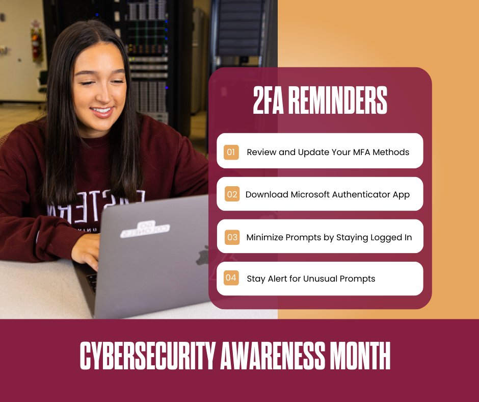 🔐 Protect Your Account with Multifactor Authentication (MFA)! 🔐
Review &amp; update your MFA methods! mysignins.microsoft.com/security-info

👍 Simplify your MFA experience with the Microsoft Authenticator app!
IOS- apps.apple.com/us/app/microso…
Android - play.google.com/store/apps/det…
#EKU #cybersecurity