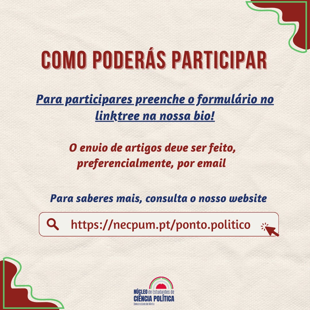 Novidade no NECP: Ponto Político

Consiste numa revista científica online que abre portas à escrita de artigos e textos na área da Ciência Política.

As regras de submissão e participação estão no nosso site. 

Vem dar voz às tuas ideias e conhecimentos nesta nova iniciativa!