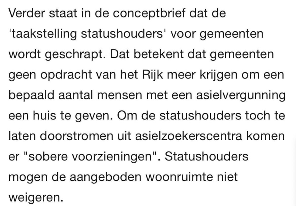 Een goed compromis dat het onhoudbare asielsysteem in Nederland aanpakt, zoals de afschaffing van taakstelling huisvesting (statushouders) voor gemeenten, asiel tijdelijk en grenscontroles naar voorbeeld van omliggende landen.

Goed bezig! Doen wat nodig is, chapeau <a href="/VVD/">VVD</a>👍.