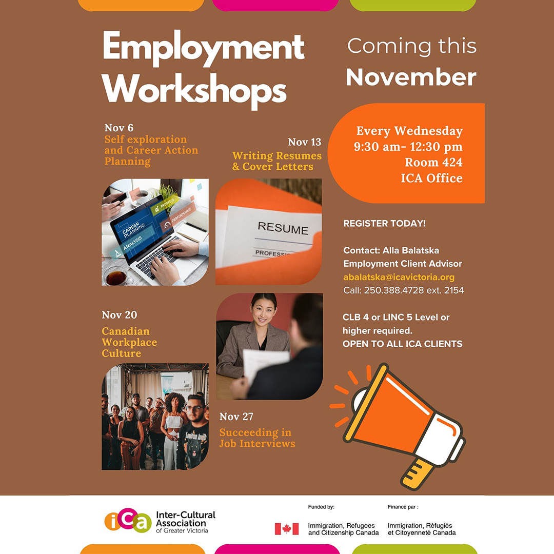 Inter-Cultural Association of Greater Victoria (@icavictoria) on Twitter photo Are you a newcomer ready to take your career journey to the next level?
REGISTER TODAY:
Contact: Alla Balatska, abalatska@icavictoria.org
Call: 250-388-4728 ext. 2154
More info icavictoria.org/employment-ser…
#jobsearch #employment #careergrowth #resume #coverletter #interviewtips Are you a newcomer ready to take your career journey to the next level?
REGISTER TODAY:
Contact: Alla Balatska, abalatska@icavictoria.org
Call: 250-388-4728 ext. 2154
More info icavictoria.org/employment-ser…
#jobsearch #employment #careergrowth #resume #coverletter #interviewtips