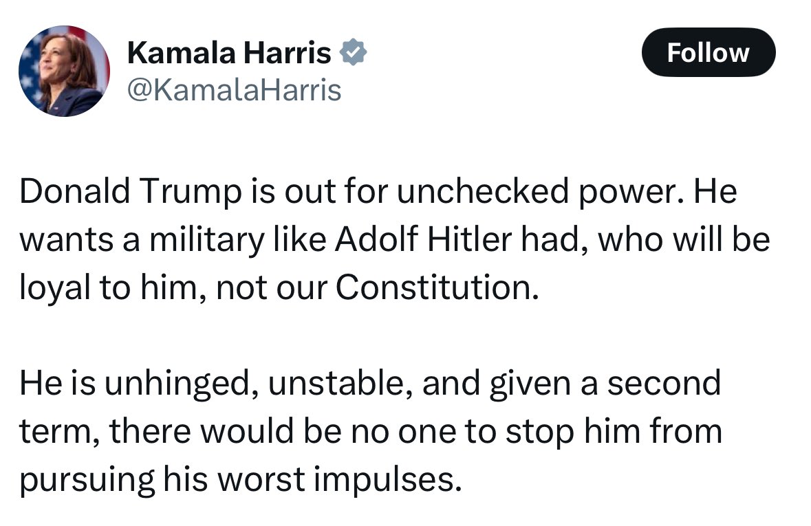 Unhinged rhetoric like this is why Donald Trump has had multiple attempts on his life.

Harris should delete the tweet, call Trump to apologize and then apologize publicly to the entire country.

This is gross.