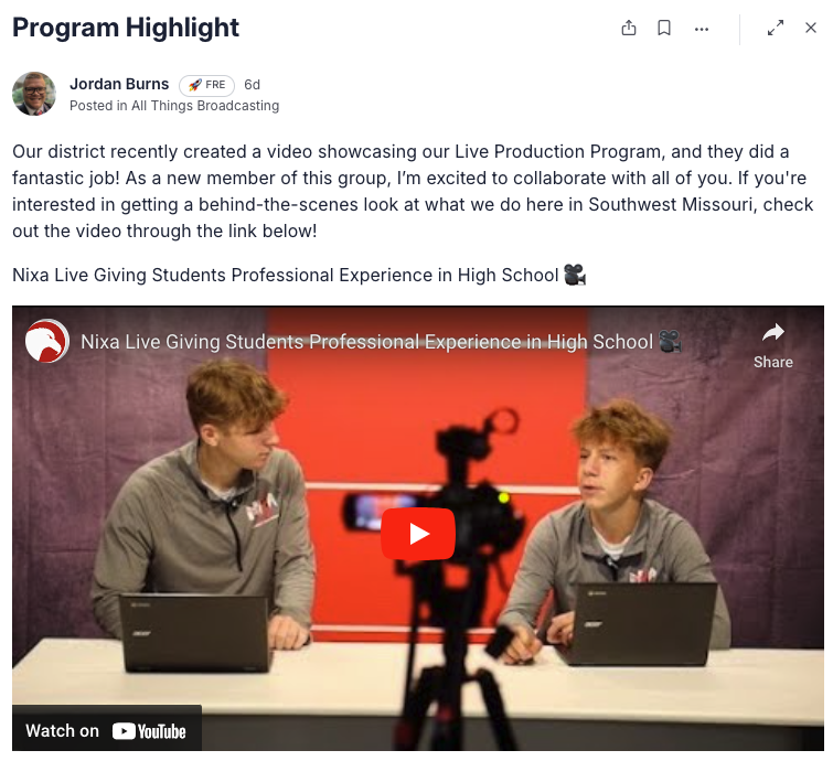 taylorsiebert's tweet photo. I love seeing districts like @nixaschools shine a spotlight on their student-led programs!

Check out the incredible work of Jordan Burns and his broadcast team of over 50 students, creating high-quality content. 

Keep up the great work! 🎥📺 #StudentBroadcasting

https://t.co/2CtdG7bOkL