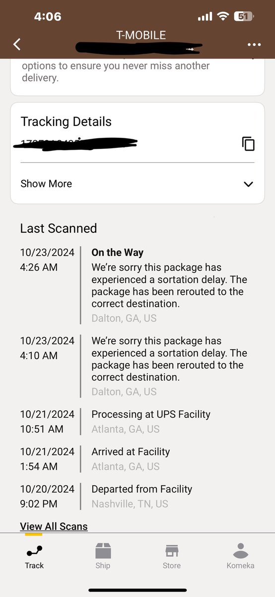 MzPretty007's tweet photo. @UPS WHERE IS MY PACKAGE? It was scanned into a hub in Atlanta which is also the delivery city. How and why did it get to Dalton, GA? I need answers ASAP! https://t.co/voF8y3GfYN