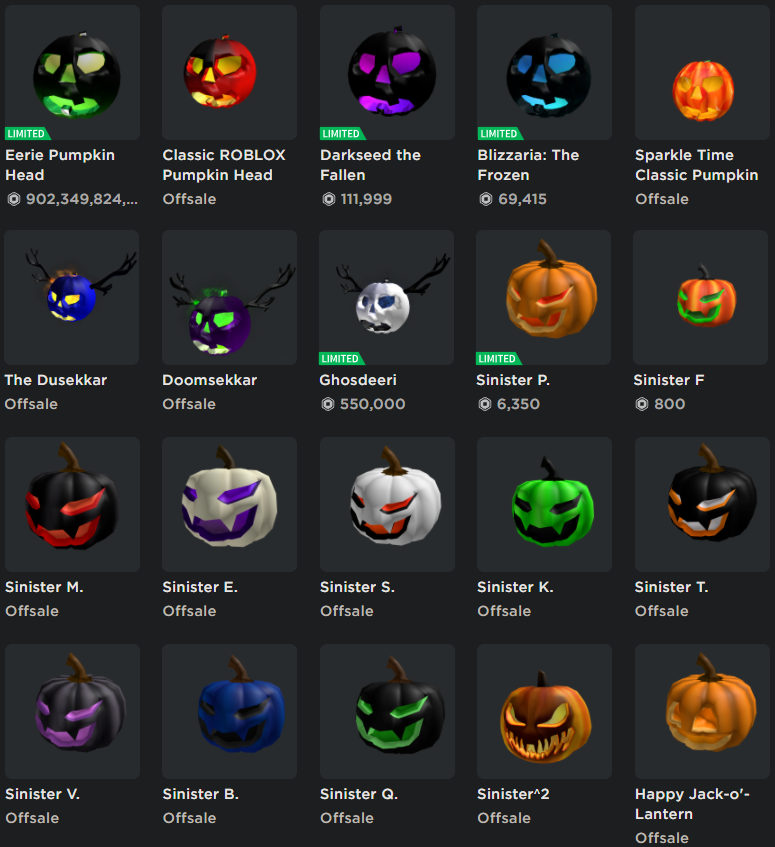 Earlier pumpkin accessory roundup shared on X A social post showing a grid of Roblox pumpkin-head accessories from an earlier Halloween season
