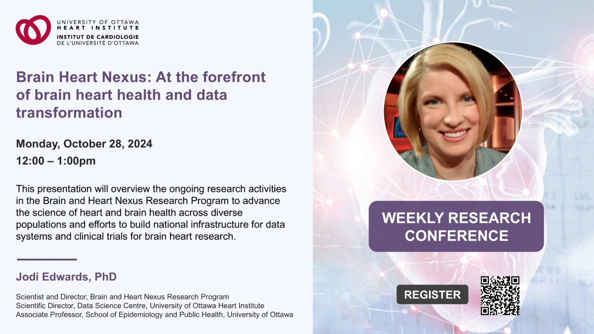 Join us for the upcoming Weekly Research Conference, titled: "Brain Heart Nexus: At the forefront of brain heart health and data transformation", featuring Dr. Jodi Edwards.
🗓️ Monday, October 28 
⏰ 12:00 EDT 
Register now: ow.ly/yEhH50TRcyE