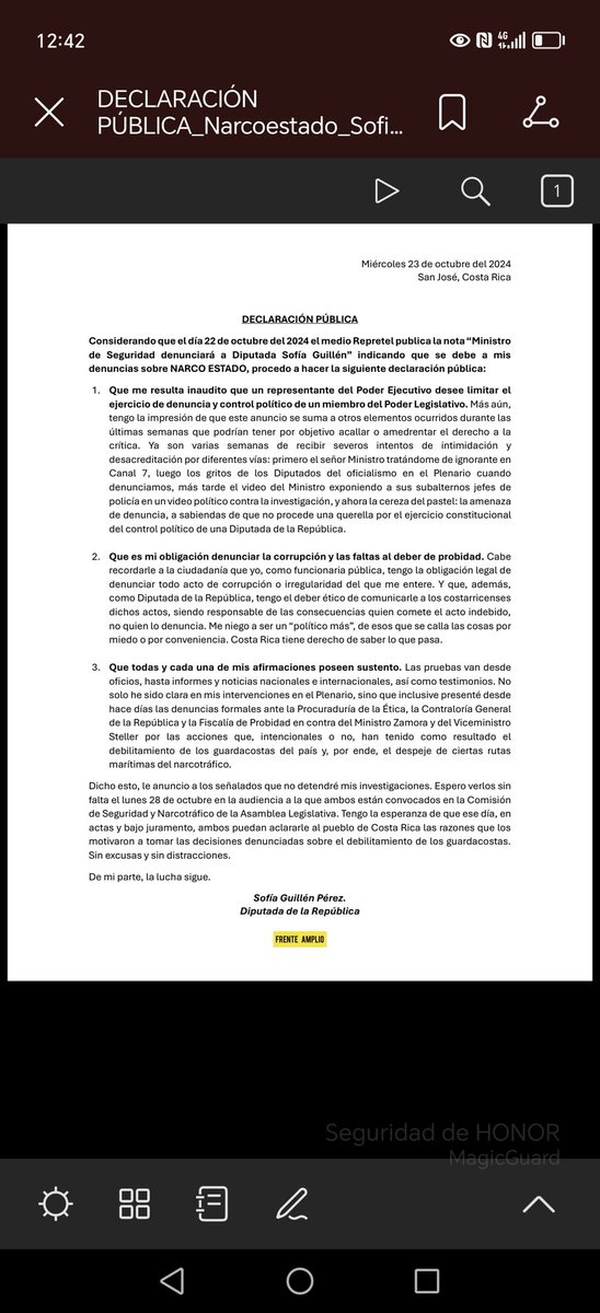 Sobre el anuncio del Ministro de Seguridad Zamora de demandarme por denunciar los hechos del #NarcoEstado hago la siguiente declaración pública. 

No nos dejaremos amedrentar.