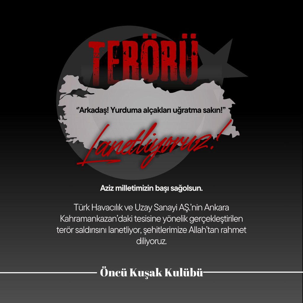 Yaşanan saldırıyı şiddetle kınıyoruz. Terörü lanetliyoruz. Vatana göz diken hainler için acı verici azaplar diliyoruz. 
Zalimler için yaşasın cehennem.

“Vatan için ölmek de var, fakat borcun yaşamaktır.”

#TUSAS #tusaş #Ankara