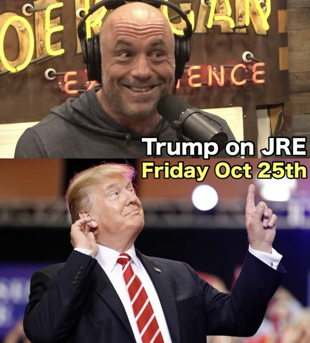 Trump will be on JRE this Friday.
I wonder what the location will be?
Is the <a href="/Whitehouse/">The White House</a> available?
<a href="/joeroganhq/">Joe Rogan Podcast News</a>
<a href="/realDonaldTrump/">Donald J. Trump</a>