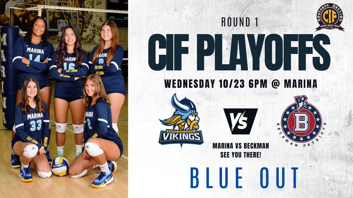 rylee_hartwell's tweet photo. Round 1 of CIF Playoffs is TONIGHT at 6pm. 

Marina vs Beckman
10/23 at 6pm
Marina Gym

Let's show up and show out Vikings! 

@CIFSS @PrepVolleyball @PrepDig @MarinaVikings @maxpreps