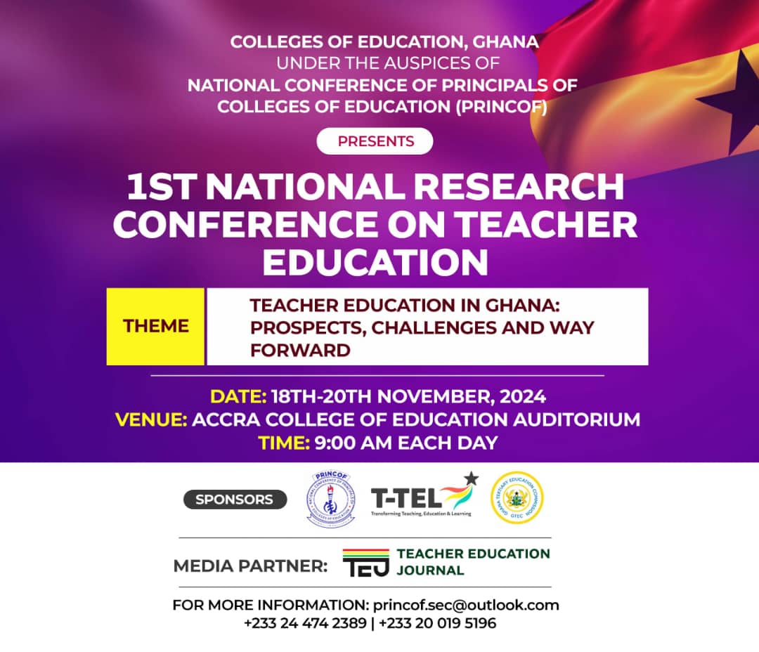 PRINCOF_Gh's tweet image. #rUon? 1st National Research Conference on Teacher Education loading... 
(Monday Nov. 18 to Wednesday Nov. 20, 2024 at Accra - Ghana).
#TeacherEducationInGhana🌍
For further info, please contact: princof.sec@outlook.com; +233 24 474 2389; +233 20 019 5196; info@princof.edu.gh