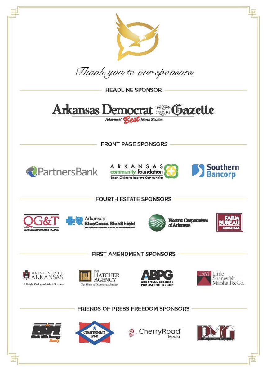 WE ARE SOLD OUT! 🎉🗞️🎉

Thank you to the sponsors of our third annual Press Freedom Gala. It’s going to be a wonderful event celebrating the Arkansas Foodbank, Skip Rutherford, Professor Larry Foley and all the working journalists across the state. 

See you tomorrow evening!