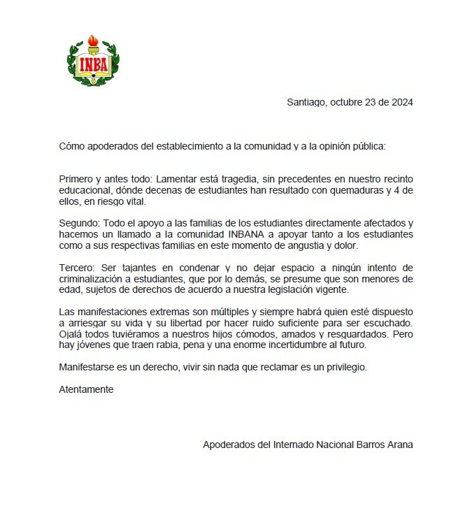 ApoderadosI's tweet photo. Ante los hechos ocurridos hoy en nuestro querido inba , se emane este comunicado de los apoderados, lamentamos lo que están pasando nuestros estudiantes y sus familias solo decir que esto se pudo evitar si las autoridades del establecimiento y del gobierno hubieran cumplido pena! https://t.co/kQNvSsJt2G