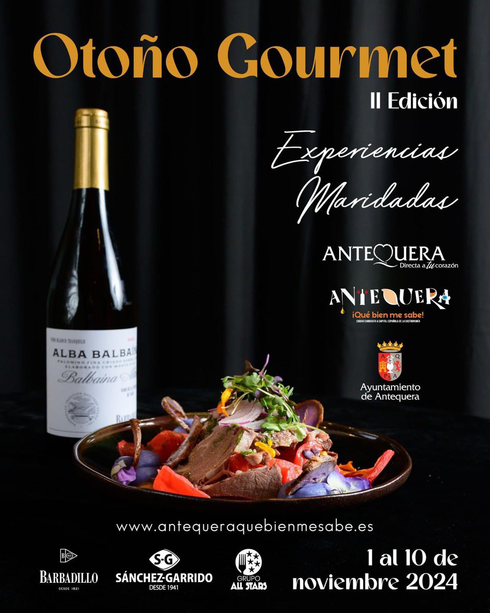 #Gastronomía 🍲 Antequera Otoño Gourmet regresa del 1 al 10 de noviembre: la segunda edición de esta iniciativa organizada por <a href="/marbAllStars/">Grupo All Stars</a> y el <a href="/AytoAntequera/">Ayuntamiento de Antequera</a>, junto con <a href="/SeleccionSG/">Sánchez-Garrido e Hijos</a> y <a href="/barbadillo/">Bodegas Barbadillo</a>, se abre a la comarca

ℹ️ Para conocer más 👇🏻
claveeconomica.es/antequera-oton…