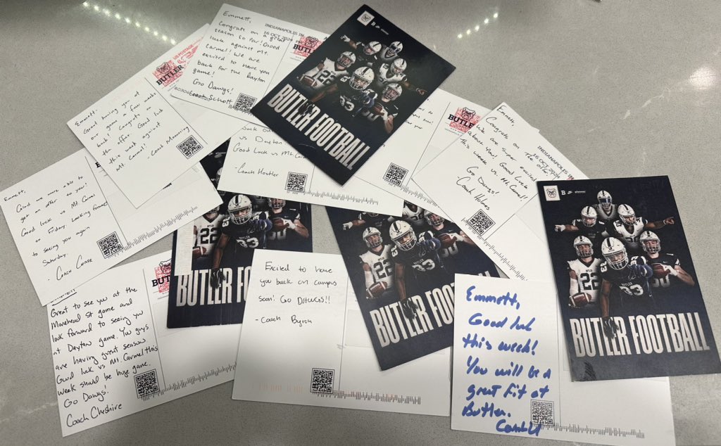 Emmett Romeus (@emmettromeus) on Twitter photo Thanks <a href="/ButlerUFootball/">Butler Football</a> coaches for the letters!
@CoachU_BU <a href="/CoachRayHolmes/">Ray Holmes</a> <a href="/Coach_ABarr/">Alex Barr</a> @EddieSchott <a href="/JoeCheshire/">Joe Cheshire</a> <a href="/RoryMannering/">Rory Mannering</a> @CoachChase_BU <a href="/Dessauer71/">Ben Dessauer</a> <a href="/TyMorganFB/">Ty Morgan 🏈</a> <a href="/CoachSiwicki/">ADAM SIWICKI</a> @jalenmoss5 <a href="/HostlerClint/">Clint Hostler</a> @Bhubbs_ii <a href="/JakeDelCampo/">Jake DelCampo</a> <a href="/Coach_Urbanski/">Sam Urbanski</a> <a href="/FenwickCoachB/">Matt Battaglia</a> <a href="/FenwickFB/">Fenwick Football</a> Thanks <a href="/ButlerUFootball/">Butler Football</a> coaches for the letters!
@CoachU_BU <a href="/CoachRayHolmes/">Ray Holmes</a> <a href="/Coach_ABarr/">Alex Barr</a> @EddieSchott <a href="/JoeCheshire/">Joe Cheshire</a> <a href="/RoryMannering/">Rory Mannering</a> @CoachChase_BU <a href="/Dessauer71/">Ben Dessauer</a> <a href="/TyMorganFB/">Ty Morgan 🏈</a> <a href="/CoachSiwicki/">ADAM SIWICKI</a> @jalenmoss5 <a href="/HostlerClint/">Clint Hostler</a> @Bhubbs_ii <a href="/JakeDelCampo/">Jake DelCampo</a> <a href="/Coach_Urbanski/">Sam Urbanski</a> <a href="/FenwickCoachB/">Matt Battaglia</a> <a href="/FenwickFB/">Fenwick Football</a>
