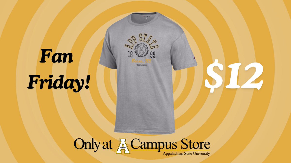 AppCampusStore's tweet photo. Here's a sneak peak of our Fan Friday shirt, just $12! 🏈 Gear up at the Campus Store for the big game.  #AppStateFootball #GameDay #FanFriday https://t.co/0RarO6T5h5