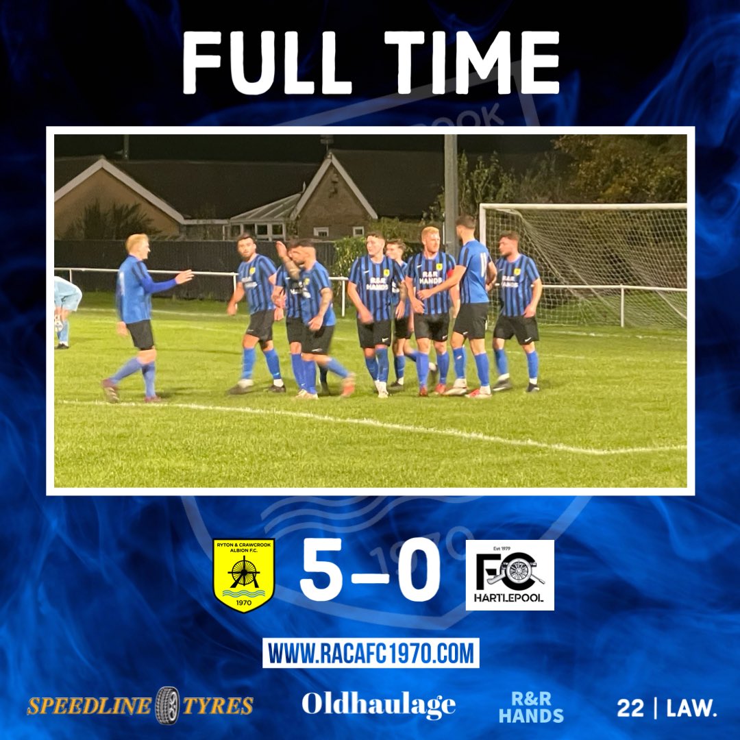 RACAFC1970's tweet photo. FULL TIME!

Five-star Albion secure a superb 5-0 win over FC Hartlepool. A brace from Morgan Dart and strikes from Jack Errington, Matthew Harrison and Louis Calvert as RACA return to winning ways in the league in style.  

RACA 5-0 Hartlepool

#RACA🔵⚫️ | #SpeedlineTyres https://t.co/12wMzwprAQ