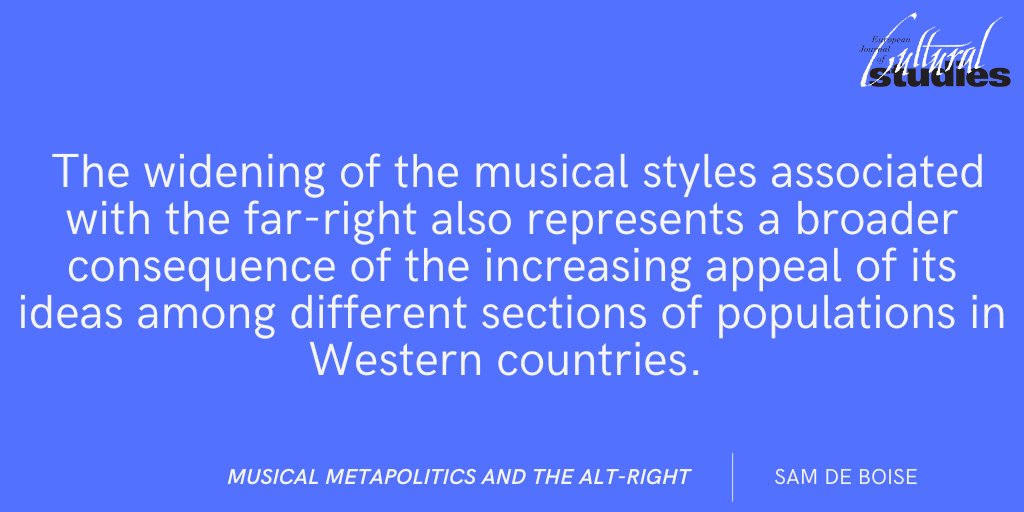 EJCS_Journal's tweet image. In "Musical metapolitics and the Alt-Right", Sam de Boise (@orebrouni) argues that Alt-Right media and its proponents simultaneously encouraged ironic consumption of mainstream musics and advocated an aesthetic pluralism.
Read in #OpenAccess here: doi.org/10.1177/136754…