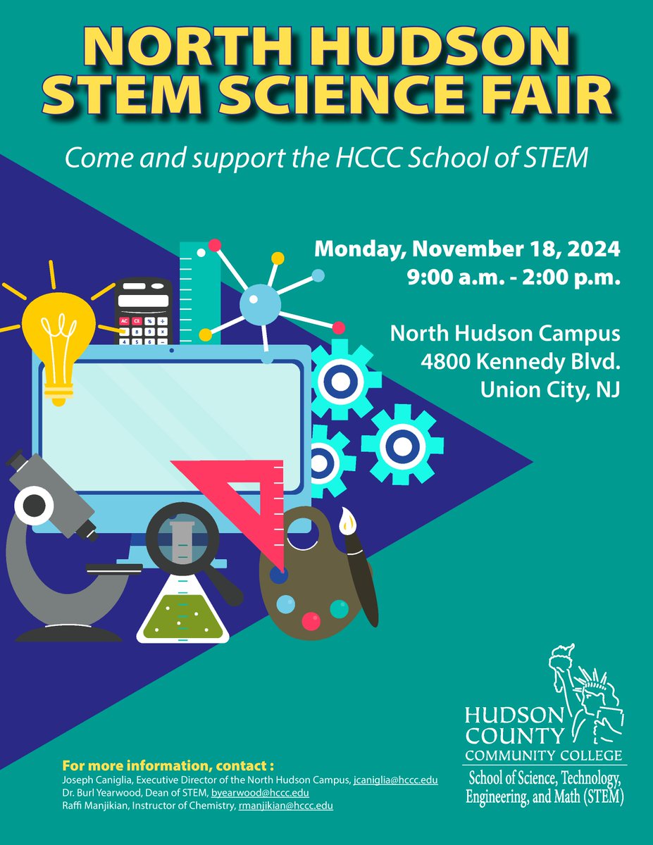 HudsonCCC's tweet photo. Come and support the HCCC School of STEM at the North Hudson Science Fair! Monday, November 18, 2024 9:00 a.m. #HCCCSTEM #HCCCFall2024 #HCCCScienceFair https://t.co/PEfxNUuKqZ