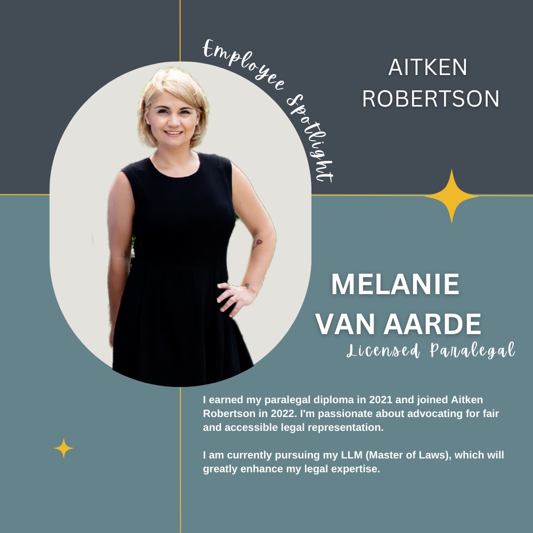🔦 Today, we're shining the spotlight on Melanie Van Aarde, one of Aitken Robertson’s dedicated paralegals. Take a moment to learn more about her in this post!

#AitkenRobertson #EmployeeSpotlight #Paralegal #OntarioLaw #LegalHelp #LearnMore