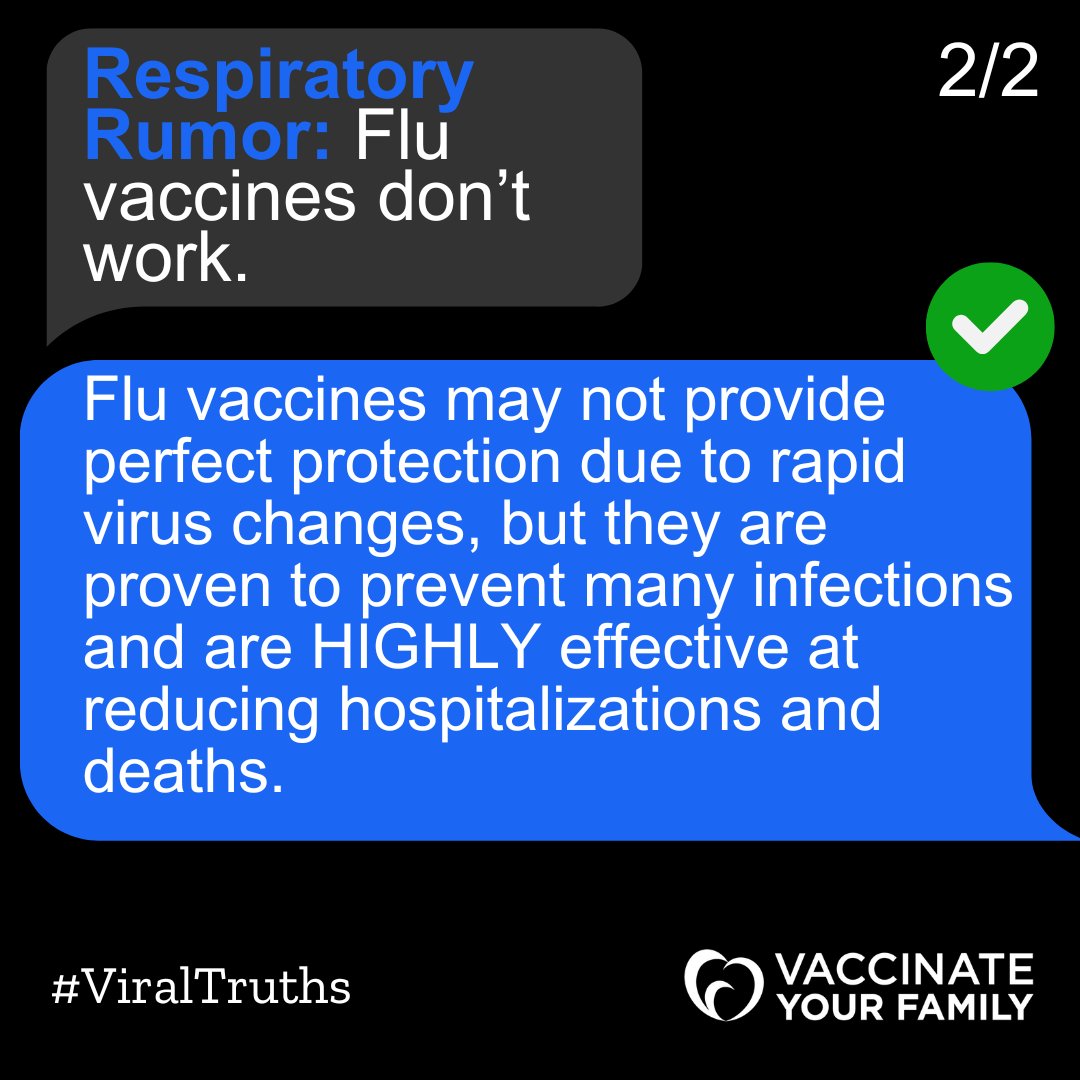 Vaxyourfam's tweet photo. 🚨📱 Flu Rumor Alert! 

Don’t buy into the myth that "flu vaccines don’t work"! 💉🌟 While they don’t prevent 100% of infections, they significantly reduce your risk of illness, hospitalization, and death. 🏥💪 #ViralTruths 

Learn more: [https://t.co/n1askt7sEh] https://t.co/6Ymblyfgm0