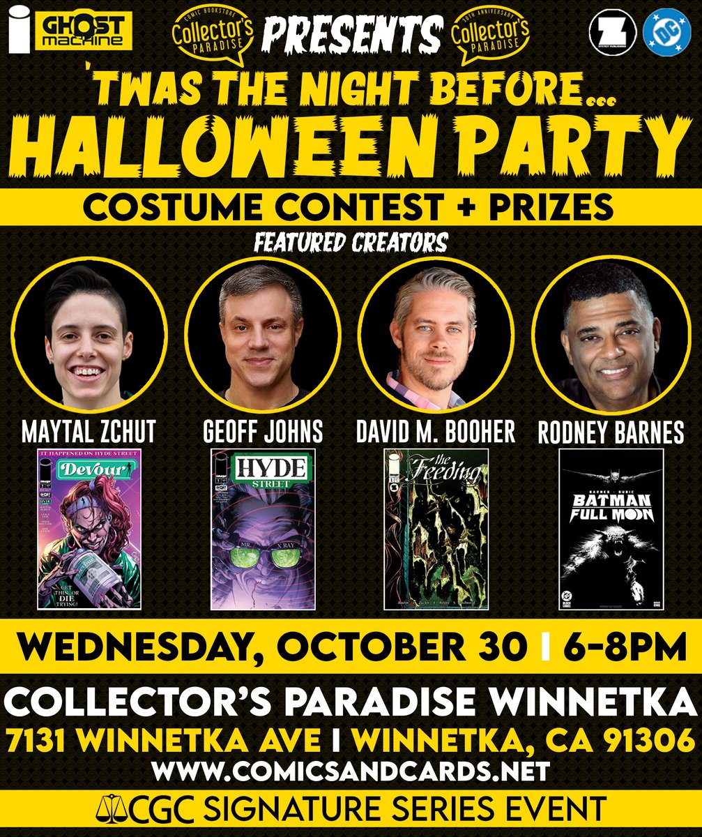 Collector's Paradise (@cparadize) on Twitter photo 🎃We’re ONE WEEK AWAY from our HALLOWEEN PARTY!
👻Join us at Collector's Paradise WINNETKA next Wednesday, October 30 for an epic #Halloween #Party featuring superstar creators: <a href="/geoffjohns/">Geoff Johns</a> + #MaytalZchut + <a href="/davidbooher/">David M. Booher</a> + <a href="/TheRodneyBarnes/">Rodney Barnes</a>!
✅Details: bit.ly/cpHalloween2024 🎃We’re ONE WEEK AWAY from our HALLOWEEN PARTY!
👻Join us at Collector's Paradise WINNETKA next Wednesday, October 30 for an epic #Halloween #Party featuring superstar creators: <a href="/geoffjohns/">Geoff Johns</a> + #MaytalZchut + <a href="/davidbooher/">David M. Booher</a> + <a href="/TheRodneyBarnes/">Rodney Barnes</a>!
✅Details: bit.ly/cpHalloween2024