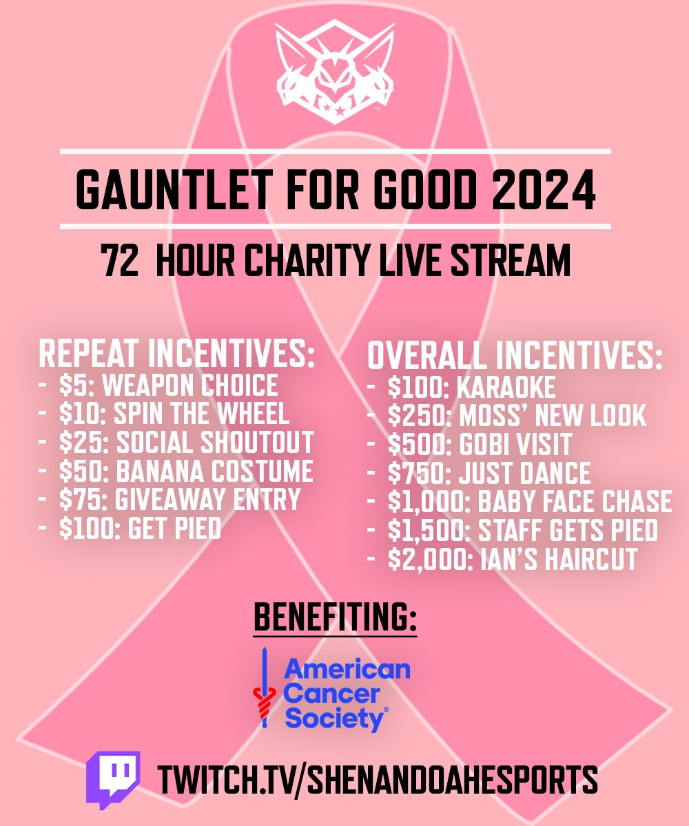 Shenandoah Esports (@shenuesports) on Twitter photo The Gauntlet is back💕🩷
Shenandoah Esports is happy to announce the 4th annual Gauntlet For Good 72 hour Charity Live Stream, benefiting the <a href="/AmericanCancer/">American Cancer Society</a> Society!
Students and Staff will be making appearances on stream throughout the weekend as we look to reach our goal of The Gauntlet is back💕🩷
Shenandoah Esports is happy to announce the 4th annual Gauntlet For Good 72 hour Charity Live Stream, benefiting the <a href="/AmericanCancer/">American Cancer Society</a> Society!
Students and Staff will be making appearances on stream throughout the weekend as we look to reach our goal of