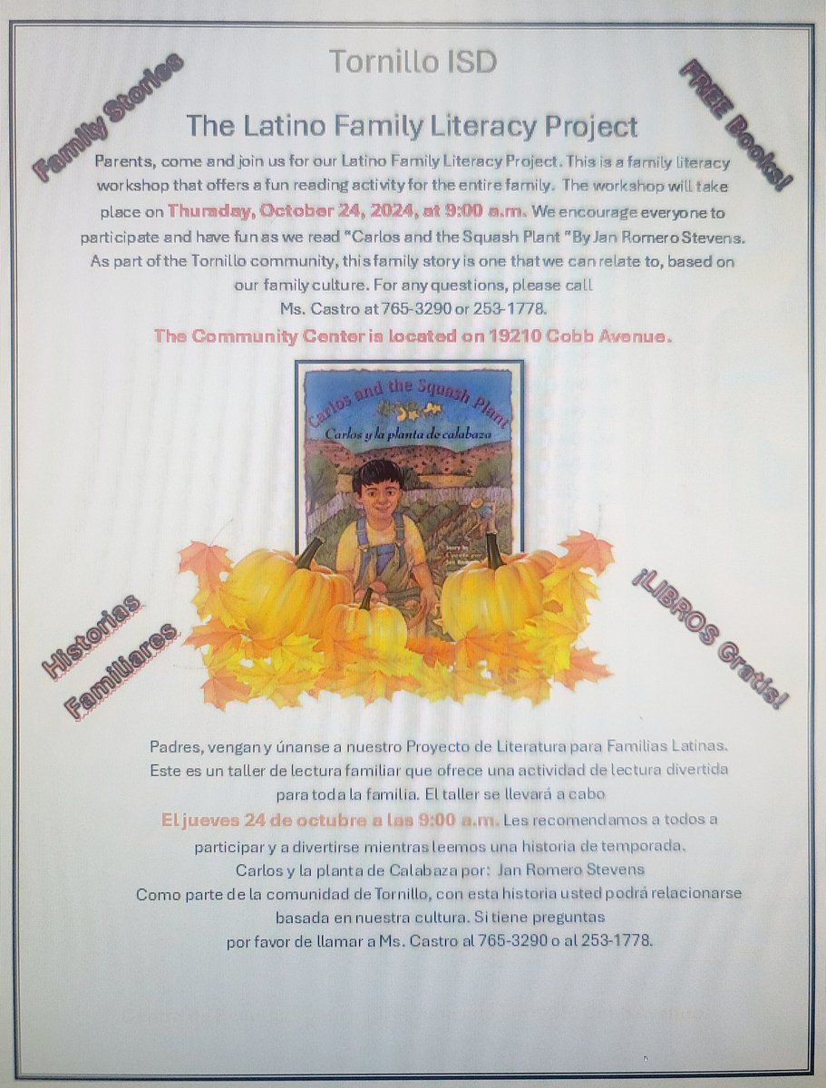 TISDFamilyEnga1's tweet photo. Parents: Remember, we have our Latino Literacy Class tomorrow! 🎃 Padres: Recuerden nuestra clase de lectura para familias Latinas es   mañana! 🎃 #TISDPROUD #Tisdtheplacetobe https://t.co/MeqtAptNz8