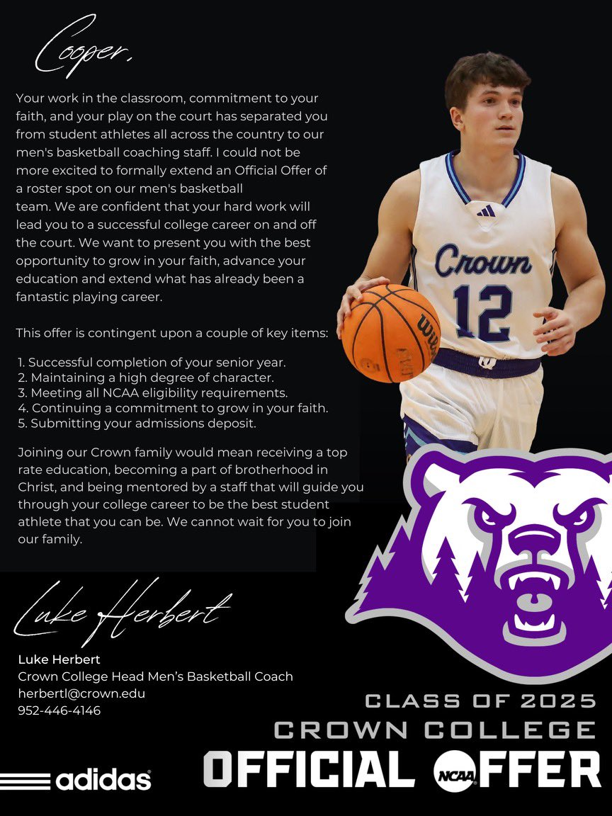 After a great visit and talk with <a href="/Coach_Herbert/">Luke Herbert</a> , I am grateful to receive an offer to play at Crown College <a href="/CrownCollegeMBB/">Crown Men's Basketball</a>