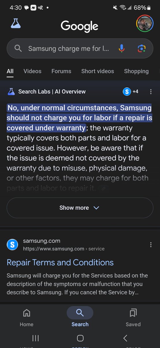 KyleKearns05's tweet photo. @Samsung you people are scam artists. Charged $160 for labor on a warranty repair when told I would not be. It's been 12 days, countless calls/texts/chat, 2 opened/closed tickets w no explanation.  Str8 up robbing your customers? Ill never buy another thing from you shit heads 🤬 https://t.co/CvJqkvUNzq