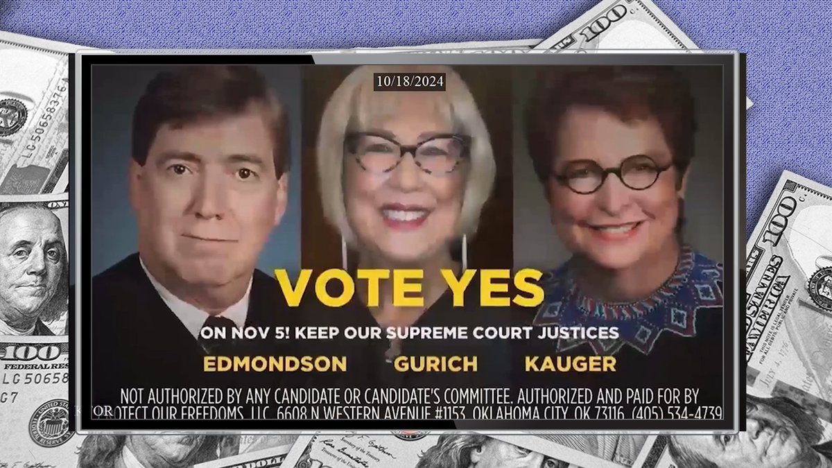 ICYMI: With a dark money airing an ad urging Oklahomans *not* to retain some state Supreme Court justices, another dark money group is now running its own ad urging voters *to* retain them, and a former Republican Oklahoma AG wants voters to retain them too.

THREAD ⬇️

<a href="/kfor/">KFOR</a>