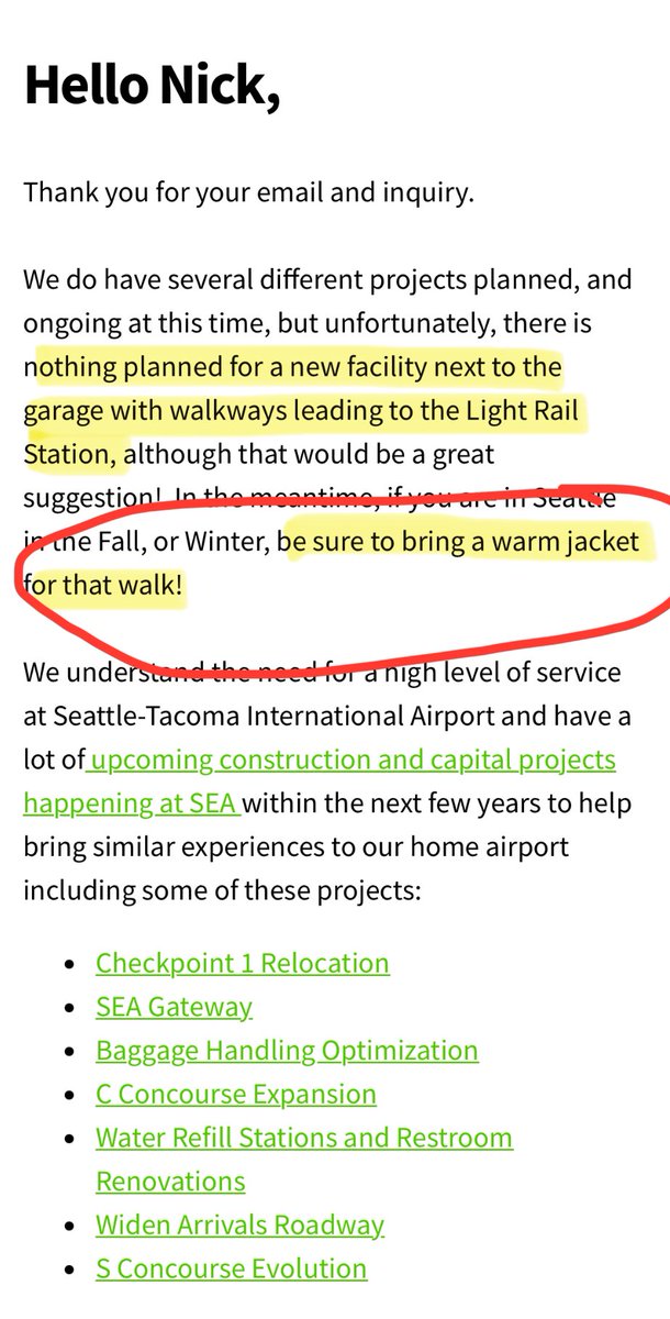 Me: the walk of doom from the light rail to the airport stinks. why are you spending $80M to widen the highway instead of incentivizing transit?

<a href="/PortofSeattle/">Port of Seattle - ⚓️</a> bring a coat!