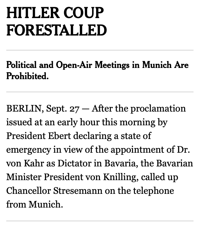 heidisteinberg's tweet image. In 1923 #Hitler also staged a coup that was forestalled. From @nytimes 

#TrumpHitler #Vote #HarrisWalz